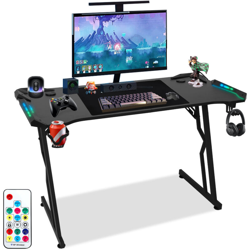 Randaco Gaming-Tisch Schreibtisch mit Kopfhörerhaken und Mauspad 140x60cm Ergonomischer PC Tisch mit Kabelloch, Z-förmige (met LED+Fernbedienung)