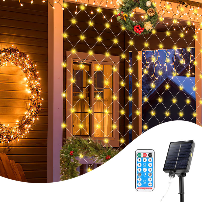 Randaco LED Solar Lichternetz 4.5x1.6M Warmweiß Lichterkette Weihnachtsbeleuchtung Lichtervorhang Innen Außen Deko 8 Modi IP44