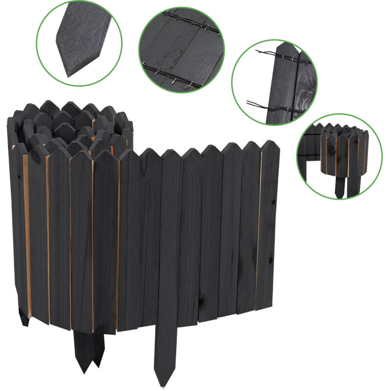Randaco Rasenkante Rollborder Flexibler Holzzaun Kiefernholz Beeteinfassung Beetumrandung Gartenzaun Holz Dekozaun, 200 x 40 cm Anthrazit
