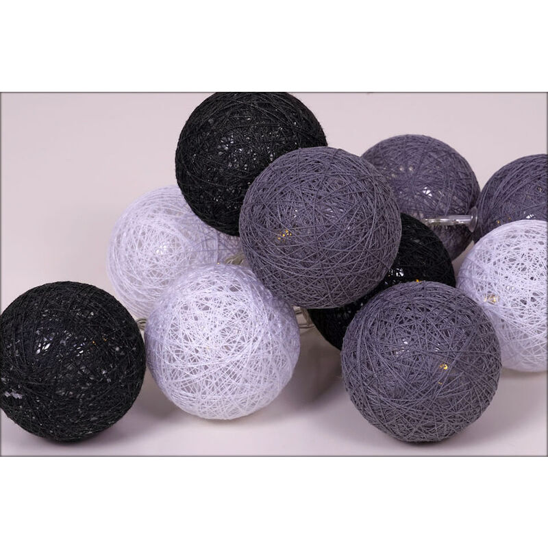 Spetebo - led Lichterkette mit 10 Raphia Kugeln - schwarz / weiß / grau - Deko Beleuchtung mit Baumwollkugeln - Tischdeko Weihnachtsdeko