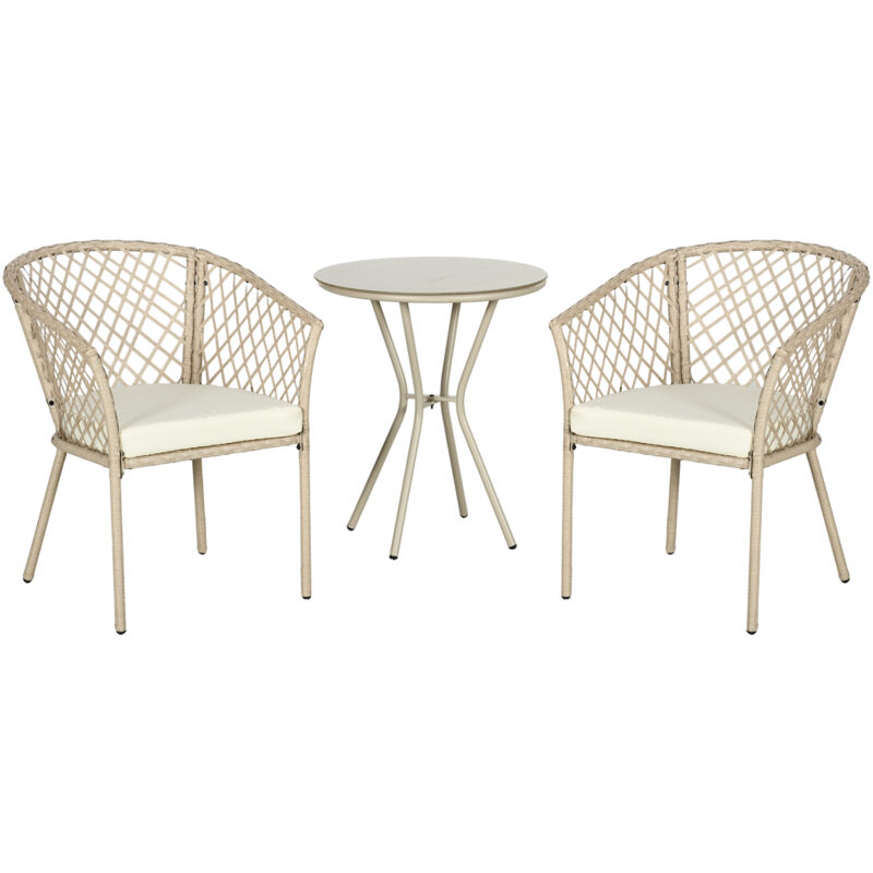 Rattan Gartenmöbel-Set 3-tlg., Gartengarnitur mit Couchtisch, 2 Stühlen, Balkonmöbel-Set mit Kissen, Gartensitzgruppe für Balkon, Terrasse, Khaki