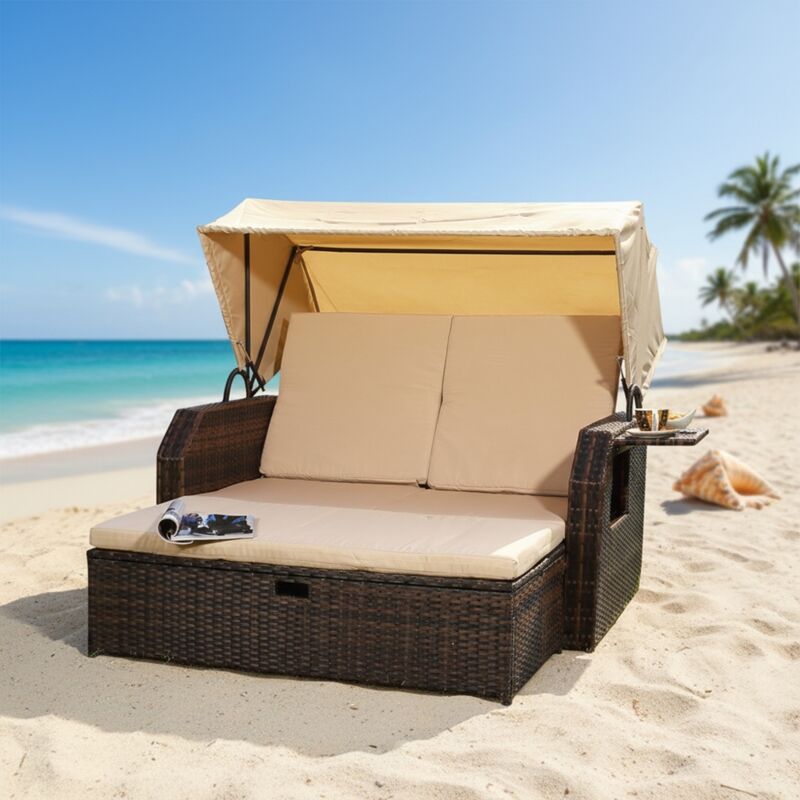 Mucola - Rattan Sonnenbett Dach Rattan Braun Strandkorb Sonnenliege Liegebett Relaxliege