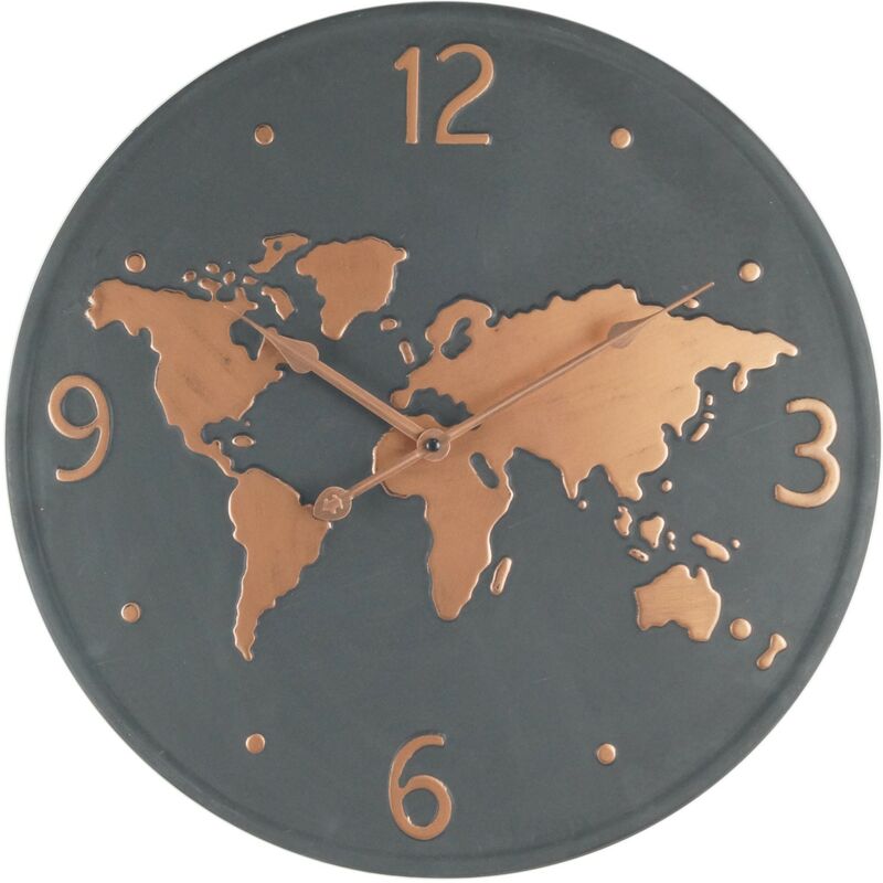 Mobili Rebecca - Rebecca Mobili Wanduhr Weltkarte Metall Dunkelgrau Braun 45x45x4,5