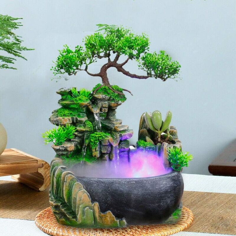 Zimmerbrunnen aus Kunstharz mit Beleuchtung, Simulationsstein, Garten-Tischbrunnen, Dekoration, Wasserspiel, LED-Wasserfallbrunnen, Bonsai, Heimdekor