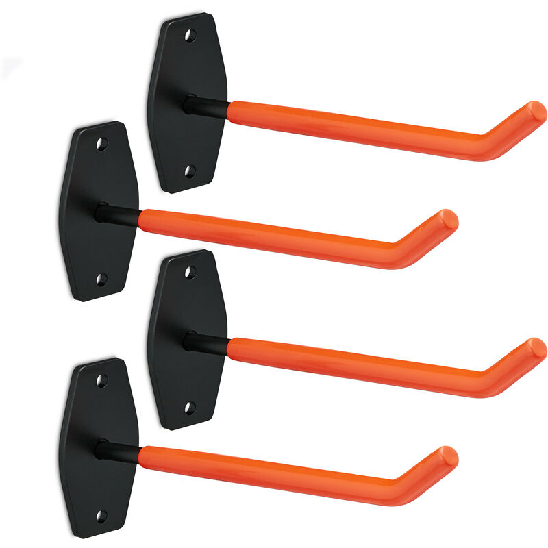 Relaxdays - Reifenhalter für Wandmontage, im 4er Set, Wandhaken für Reifen und Felgen bis 40 kg, aus Stahl, orange/schwarz