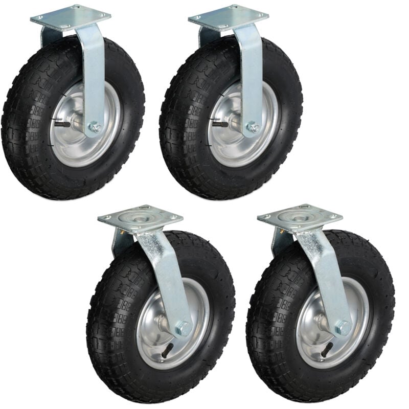 2x Bockrolle + 2x Lenkrolle Set, luftbereiftes Schwerlastrad, 3.00-4, Transportrollen 120 kg, schwarz/silber - Relaxdays