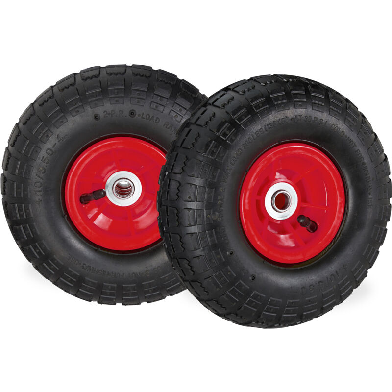 Relaxdays - 4 x Sackkarrenrad 4.1/3.5-4, luftbereifte Ersatzräder für Bollerwagen, für 16 mm Achse, 136 kg, 260x85mm, schwarz-rot