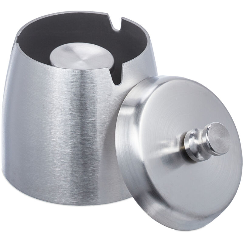 2 x Aschenbecher mit Deckel, draußen & drinnen, HxD 9x7,5 cm, Windaschenbecher Edelstahl, Garten & Balkon, silber