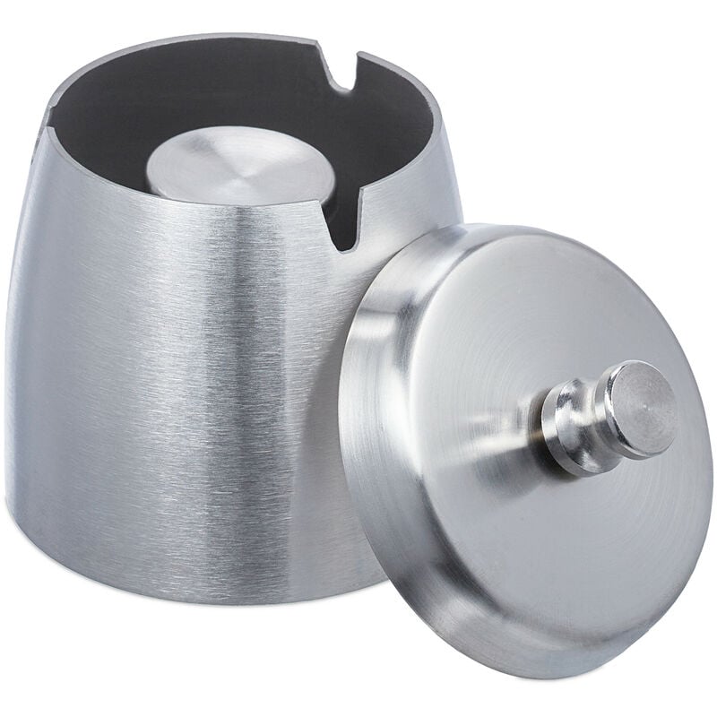 Relaxdays - Aschenbecher mit Deckel, draußen & drinnen, HxD 9x7,5 cm, Windaschenbecher Edelstahl, Garten & Balkon, silber