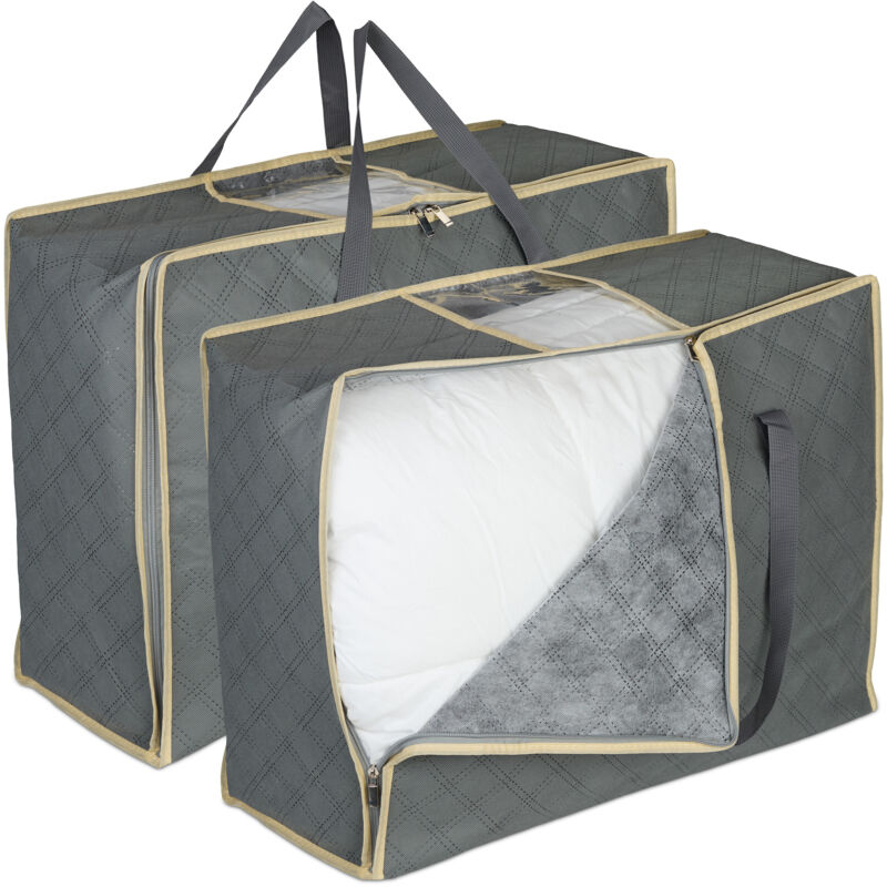 Relaxdays Aufbewahrungstasche für Bettdecken, 2er Set, 3-seitiger Reißverschluss, atmungsaktiv, Vlies, Deckenhülle, grau