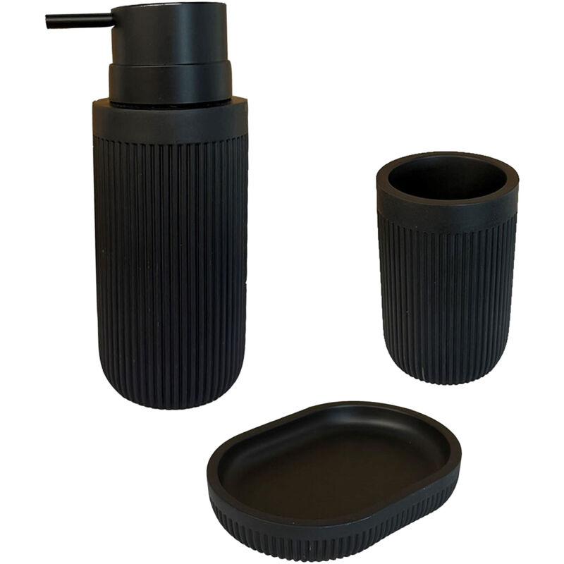 Relaxdays Bad Accessoires, 3-teilig, Seifenschale, Seifenspender, Zahnputzbecher, Polyresin, Bad Zubehör Set, schwarz
