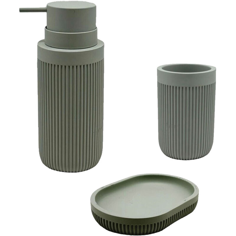 Relaxdays Bad Accessoires, 3-teilig, Seifenschale, Seifenspender, Zahnputzbecher, Polyresin, Bad Zubehör Set, hellgrau