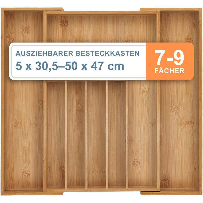Relaxdays - Besteckkasten, 7–9 Fächer, ausziehbarer Besteck Schubladeneinsatz, HxBxT: 5 x 30,5-50 x 47 cm, Bambus, natur