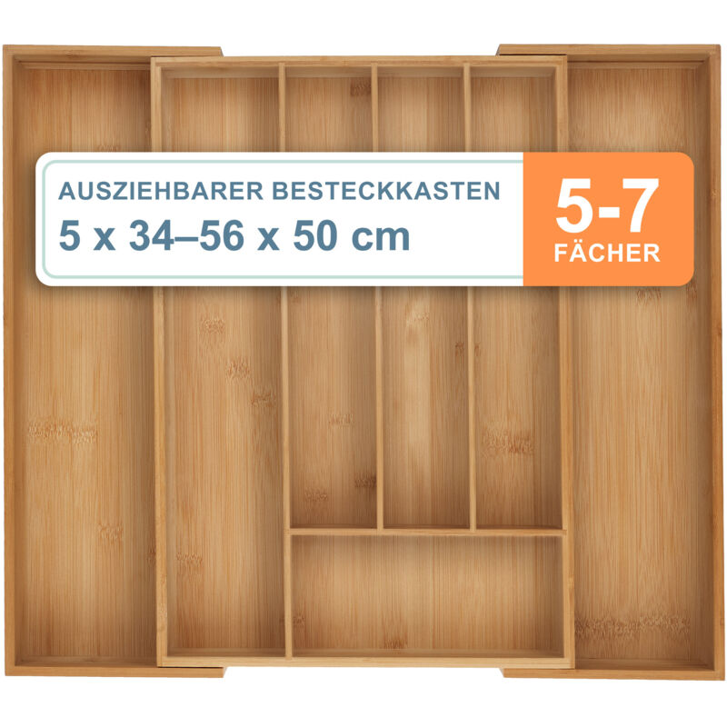 Relaxdays - Besteckkasten, 5–7 Fächer, ausziehbarer Besteck Schubladeneinsatz, HxBxT: 6 x 34-56 x 50 cm, Bambus, natur