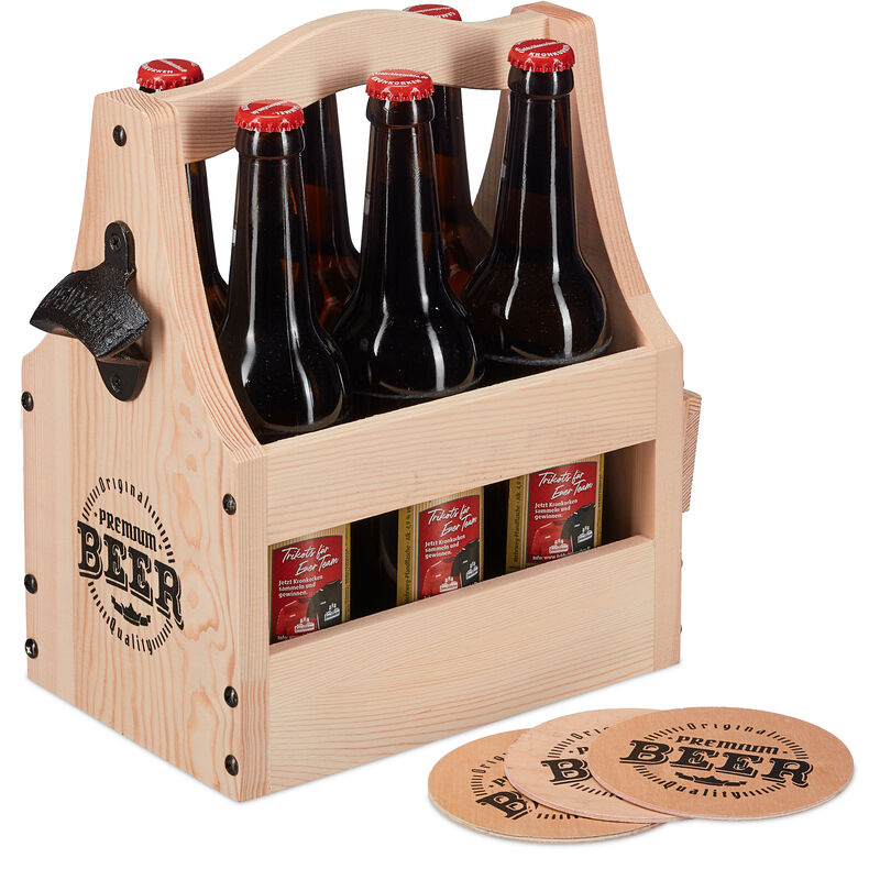 Relaxdays - Bierträger aus Holz, mit Flaschenöffner & Bierdeckel, Flaschenträger 6 Flaschen, Männerhandtasche Bier, natur