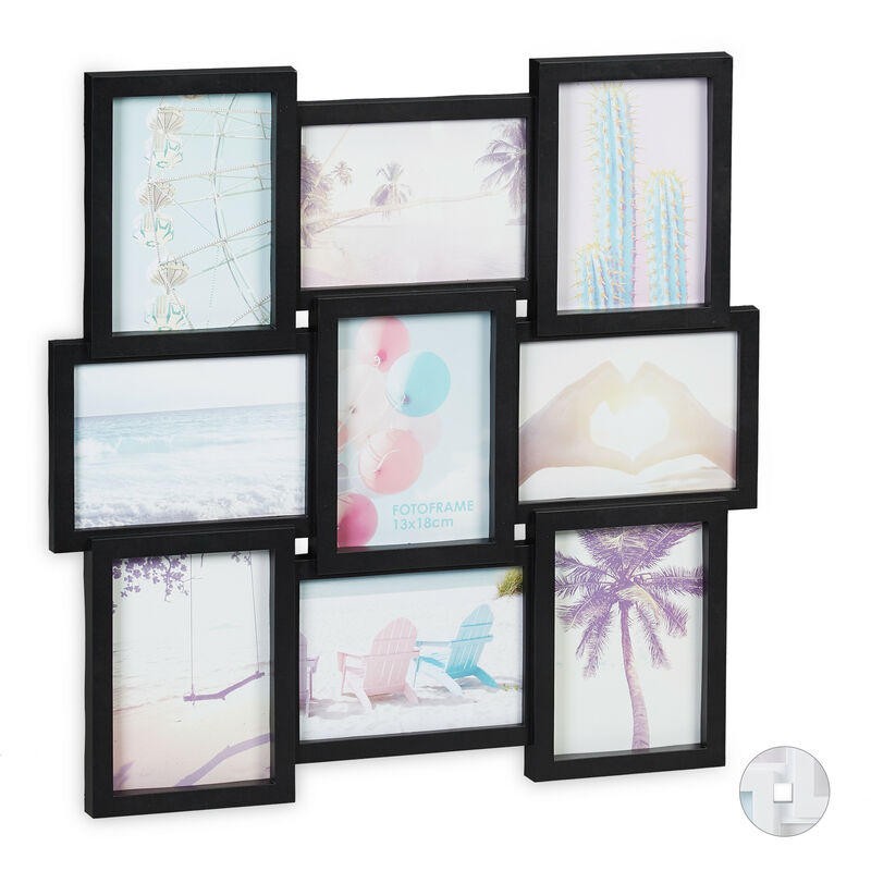 Relaxdays - Bilderrahmen Collage, für 9 Bilder, Hoch- oder Querformat, Wand, Kunststoffrahmen, HxB: 54 x 54 cm, schwarz