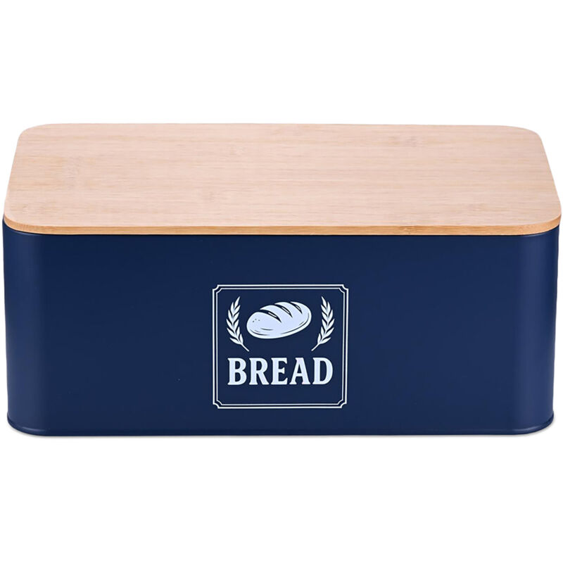 Relaxdays Brotkasten, Bambusdeckel, Metall, HBT: 13,5 x 33 x 19 cm, Retro Brotaufbewahrungsbox, Brotbehälter, dunkelblau