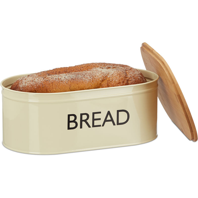 Brotkasten Retro xl, mit Bambusdeckel, runde Brotbox mit Schriftzug bread, hbt: 14 x 36 x 20 cm, beige/natur - Relaxdays