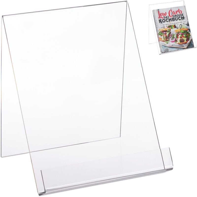 Relaxdays - 2 x Buchaufsteller A4, Acryl Buchständer für große Bücher, stabil, Leseständer HxBxT 24 x 21 x 19 cm, durchsichtig