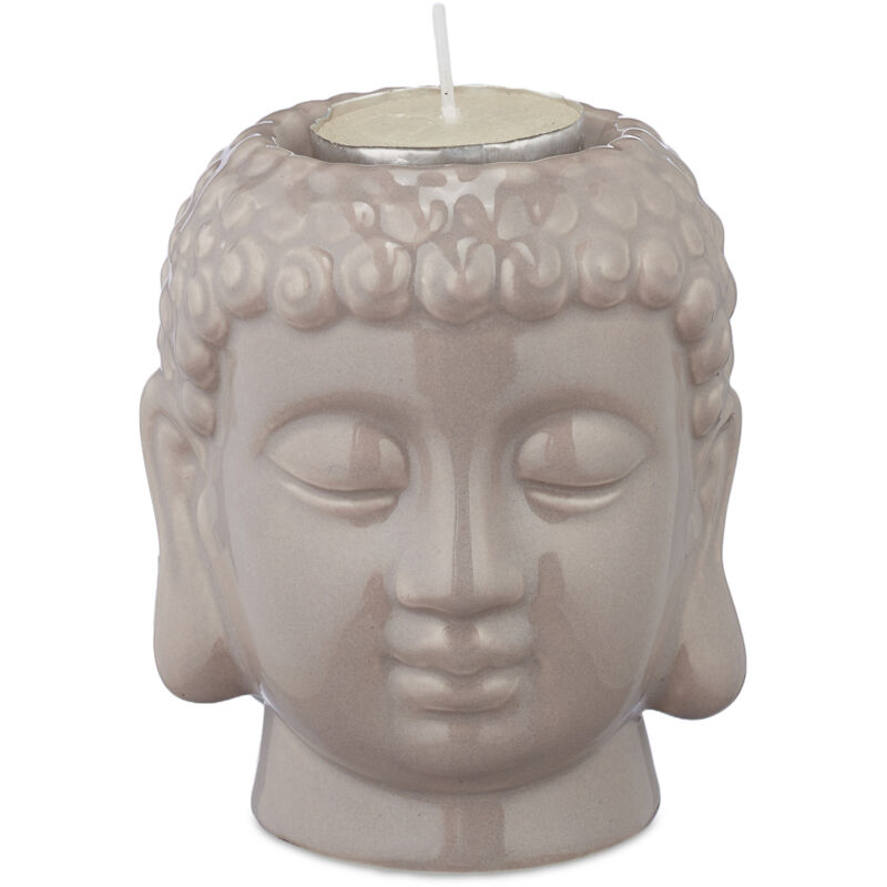 2 x Buddha Teelichthalter, Keramik, Buddha-Kopf für Teelicht, Zen-Deko für Wohnzimmer & Bad, Feng Shui Deko, grau