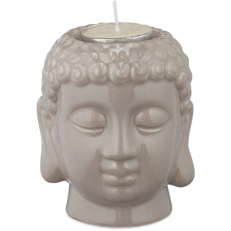 Relaxdays Buddha Teelichthalter, Keramik, Buddha-Kopf für Teelicht, Zen-Deko für Wohnzimmer & Bad, Feng Shui Deko, grau