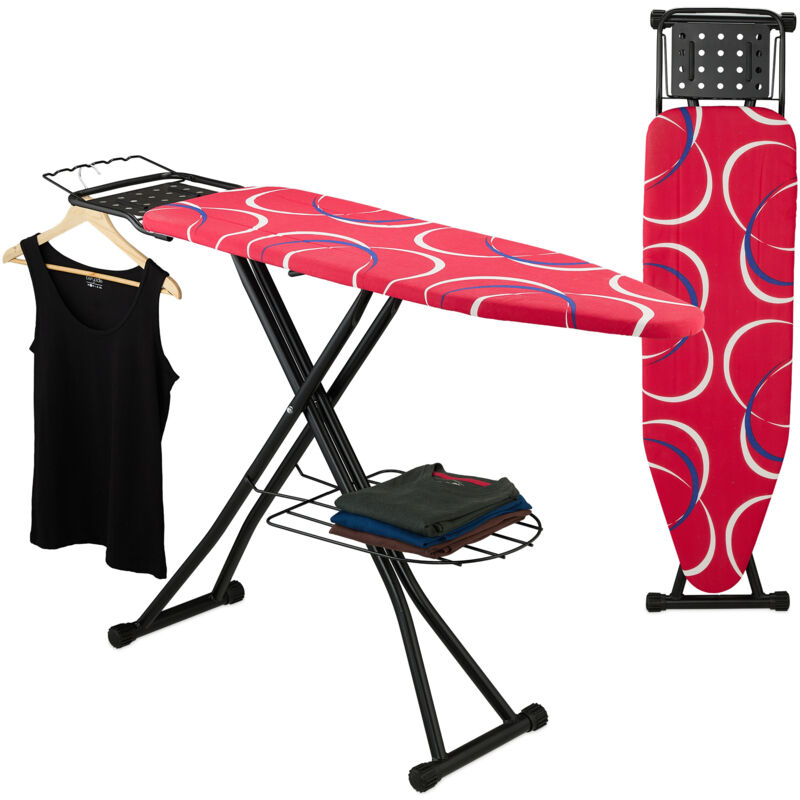 Relaxdays Bügelbrett für Dampfbügeleisen, 110 x 33 cm, höhenverstellbar, klappbar, Kleiderablagen, Bügeltisch, rot