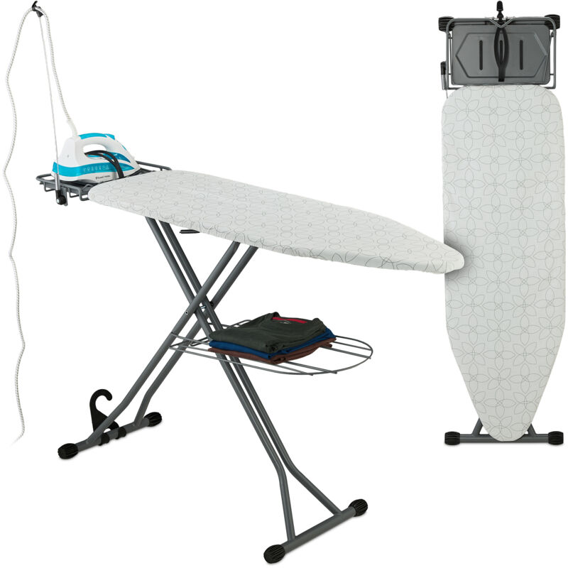 Bügelbrett für Dampfbügeleisen, 115 x 39 cm, höhenverstellbar, klappbar, Bügelstation & Ablage, weiß/silber - Relaxdays