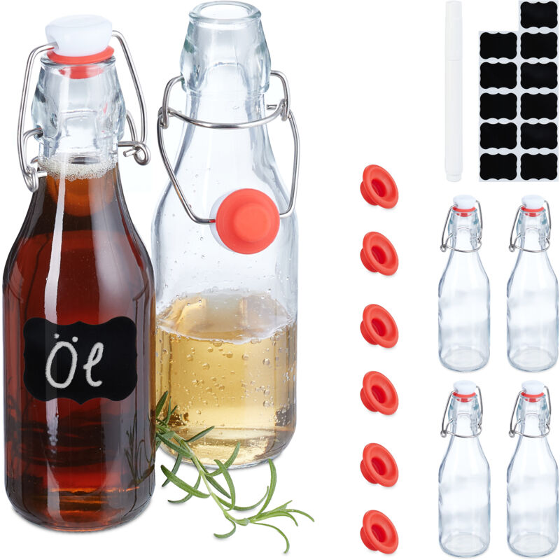 Relaxdays Bügelflaschen zum Befüllen, 6er Set, 250 ml Volumen, für Öl, Essig, Schnaps, Likör, Glasflasche, transparent
