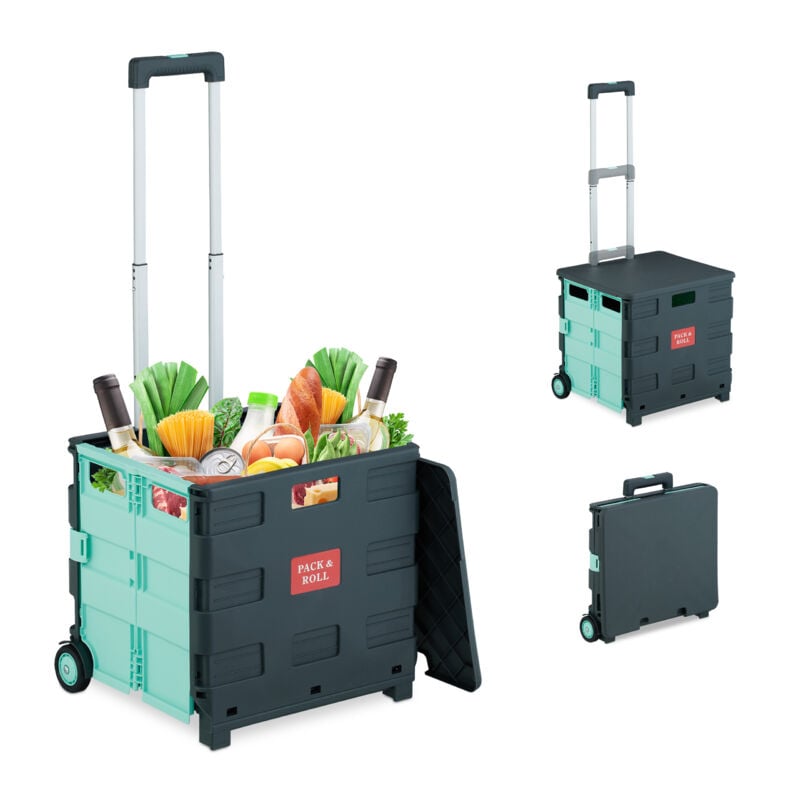 Relaxdays - Einkaufstrolley, klappbar, Einkaufskorb mit Rollen, Deckel & Teleskopgriff, bis 35 kg, Rollkiste, türkis/grau