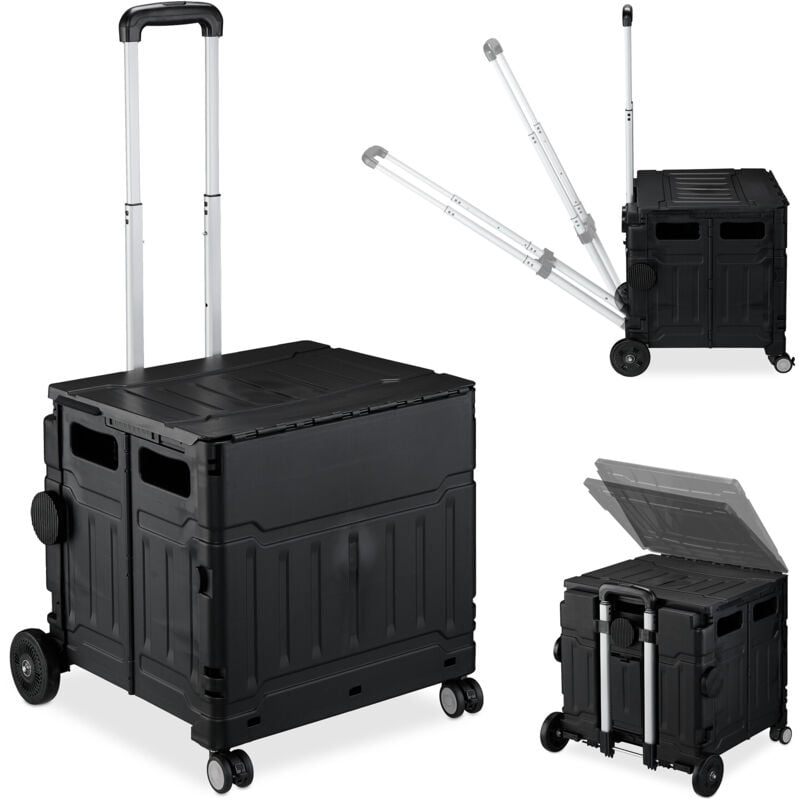 Einkaufstrolley, klappbar, Einkaufskorb mit Rollen, Deckel & neigbarem Teleskopgriff, bis 50 kg, schwarz - Relaxdays