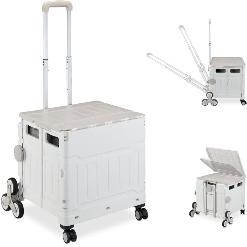 Einkaufstrolley Treppensteiger, klappbar, Einkaufskorb mit Rollen, Deckel, neigbarer Teleskopgriff, grau/weiß - Relaxdays