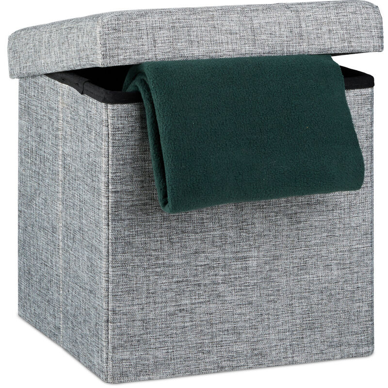 Faltbarer Sitzhocker, Sitzcube als Fußablage, Sitzwürfel aus Leinen, Deckel zum Abnehmen, 38x38x38 cm, grau - Relaxdays