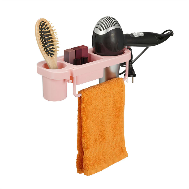 Relaxdays - Föhn Halterung ohne Bohren, Kunststoff, mit Kabelhalter & Ablagen, Föhnhalter Wand, hbt: 9x30x10,5 cm, rosa