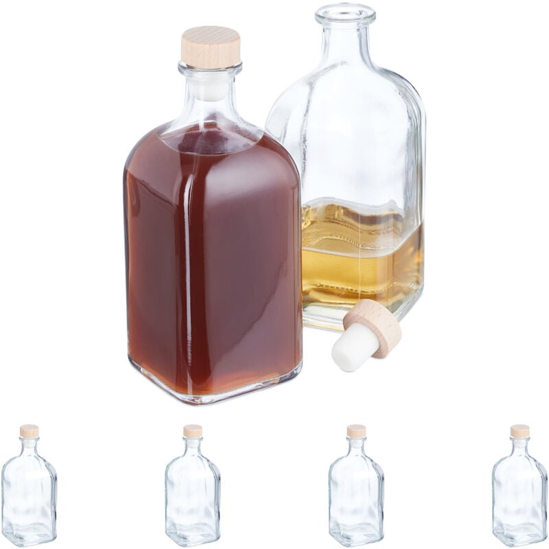 Relaxdays Flaschen zum Befüllen, 6er Set, 500 ml, mit Korken, für Öl, Essig, Schnaps, Likör, Glasflasche, transparent