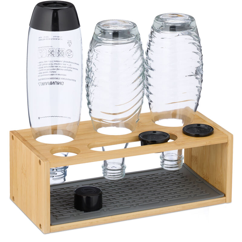 Relaxdays - Flaschenhalter kompatibel mit Sodastream-Flaschen, Bambus, Silikonmatte, 3er Flaschenständer, natur/grau