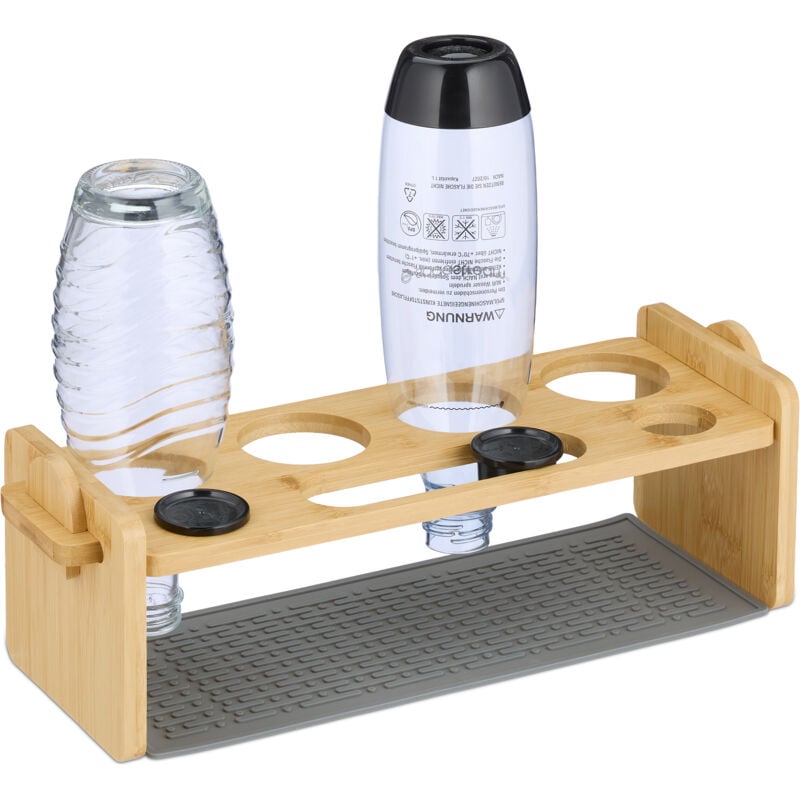 Relaxdays - Flaschenhalter kompatibel mit Sodastream-Flaschen, Bambus, Silikon-Abtropfmatte, 4er Abtropfhalter, natur/grau