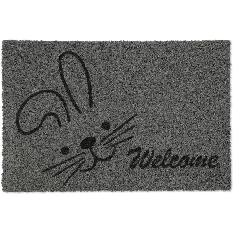 Relaxdays - Fußmatte Kokos, Welcome, Hasen-Motiv, Türvorleger innen & außen, Türabtreter 40x60 cm, Türmatte, grau/schwarz
