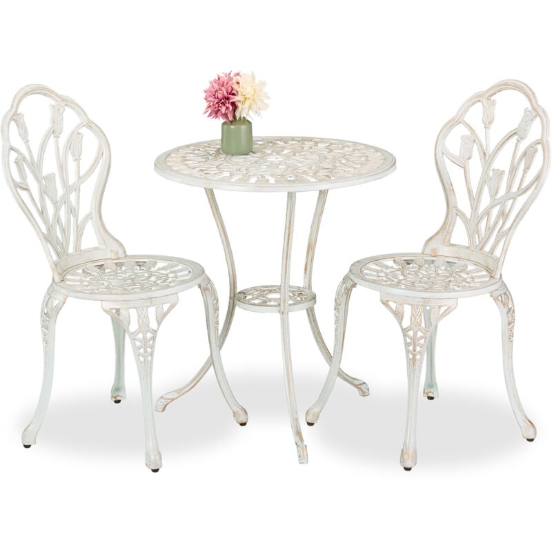 Gartenmöbel Set, 3-teilig, Tisch & 2 Stühle, Aluguss, Balkonmöbel Antik-Design, Garten Sitzgruppe, weiß/bronze - Relaxdays