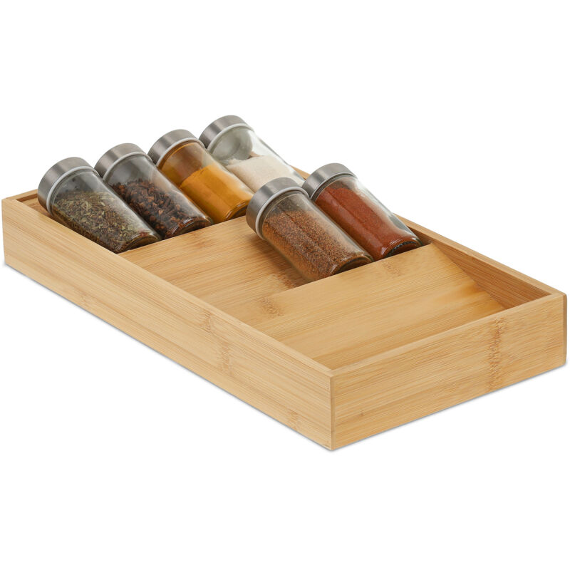 Relaxdays - 2 x Gewürzregal für Schublade, Bambus, HxBxT: 5 x 20 x 38 cm, 3 Stufen, Schubladeneinsatz Gewürze, Gewürzhalter, natur
