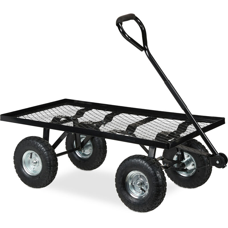 Handwagen flach, Garten, mit Luftbereifung, HxBxT: 34,5 x 51 x 96 cm, bis 200 kg, Stahl Bollerwagen, schwarz - Relaxdays