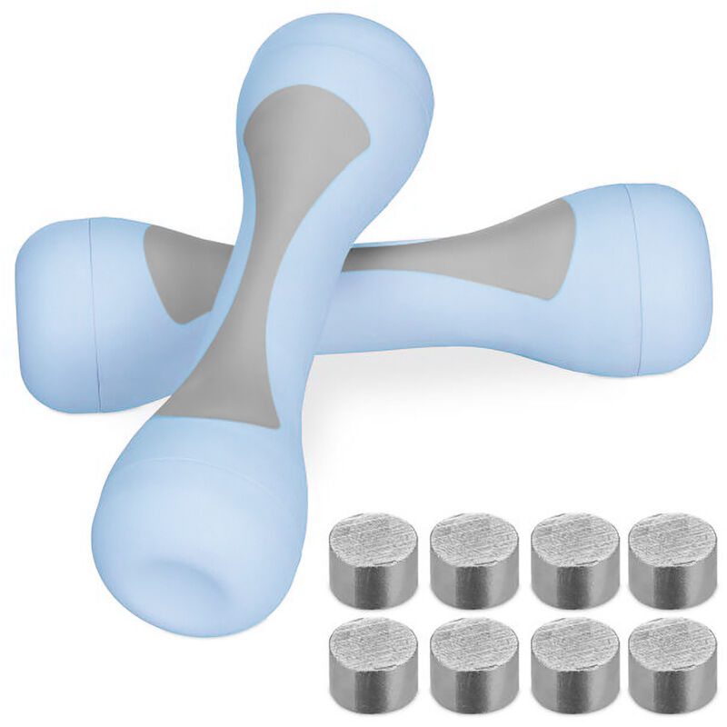 Relaxdays Hanteln verstellbar, 2er Set, einstellbare Gewichte 1kg, 1,5kg, 2kg, gummiert, Fitness Kurzhanteln, blau/grau