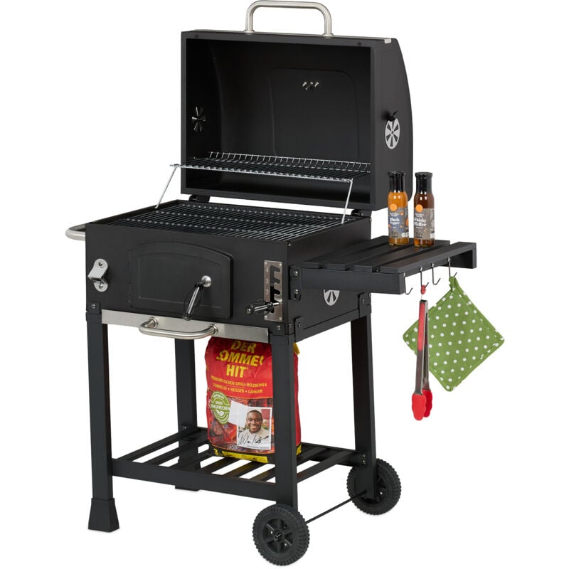 Holzkohlegrill Grillwagen, mit Deckel, BBQ-Grill mit Rädern, höhenverstellbar, Gartengrill xxl, schwarz/silber - Relaxdays