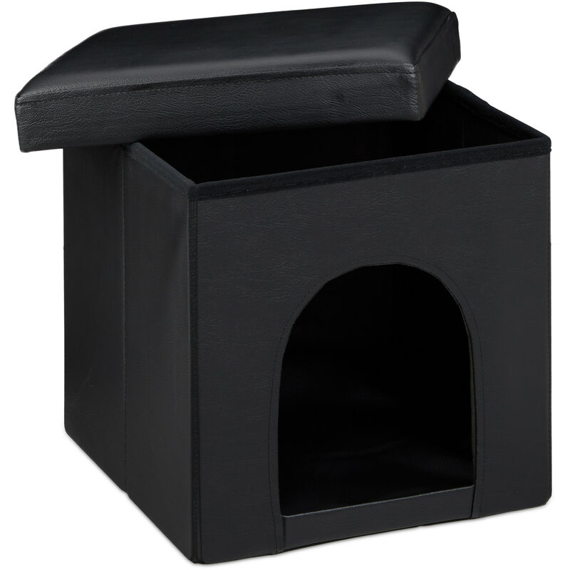 Relaxdays - Hundebox Sitzhocker, HBT:38x38x38cm, stabiler Sitzcube mit Tierhöhle für Hunde/Katzen, Kunstleder, schwarz