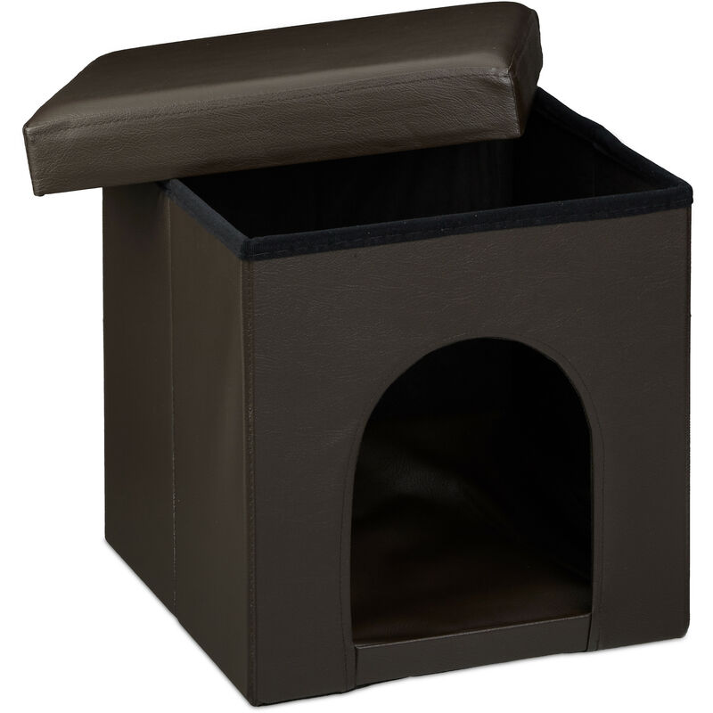 Relaxdays - Hundebox Sitzhocker, HBT:38x38x38cm, Sitzcube, Tierhöhle für Hunde/Katzen, Kunstleder, Deckel abnehmbar, braun