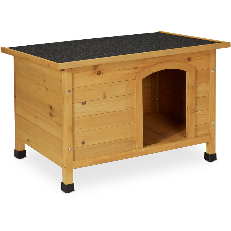 Relaxdays - Hundehütte, HxBxT: 58 x 86 x 58 cm, wetterfestes Hundehaus, Holz, Dachpappe, Hundevilla outdoor, natur/schwarz