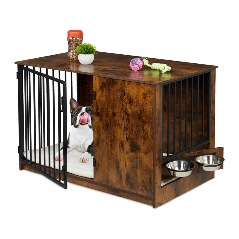 Hundekäfig für Zuhause, hbt: 65,5x102x60 cm, 2 drehbare Näpfe, Hundebox Industrial, mdf & Stahl, braun/schwarz - Relaxdays