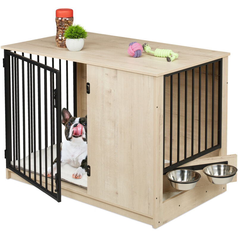 Hundekäfig, für Zuhause, hbt: 65,5x102x60 cm, 2 drehbare Näpfe, Hundebox Holzoptik, mdf & Stahl, grau/schwarz - Relaxdays