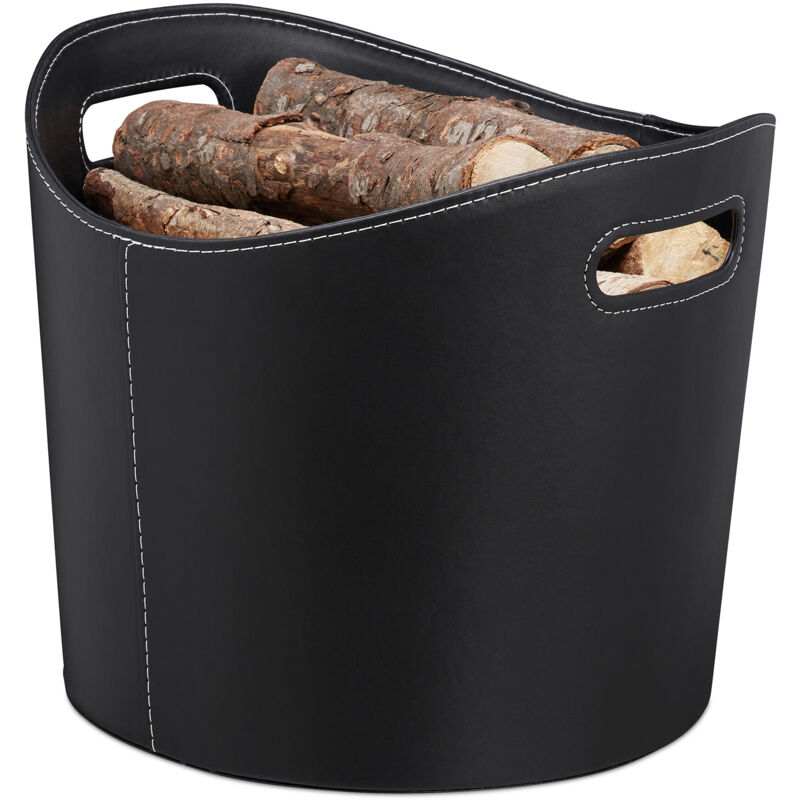 Kaminholzkorb Kunstleder l, stabiler Feuerholzkorb mit Tragegriffen, für Brennholz & Zeitungen, oval, schwarz - Relaxdays