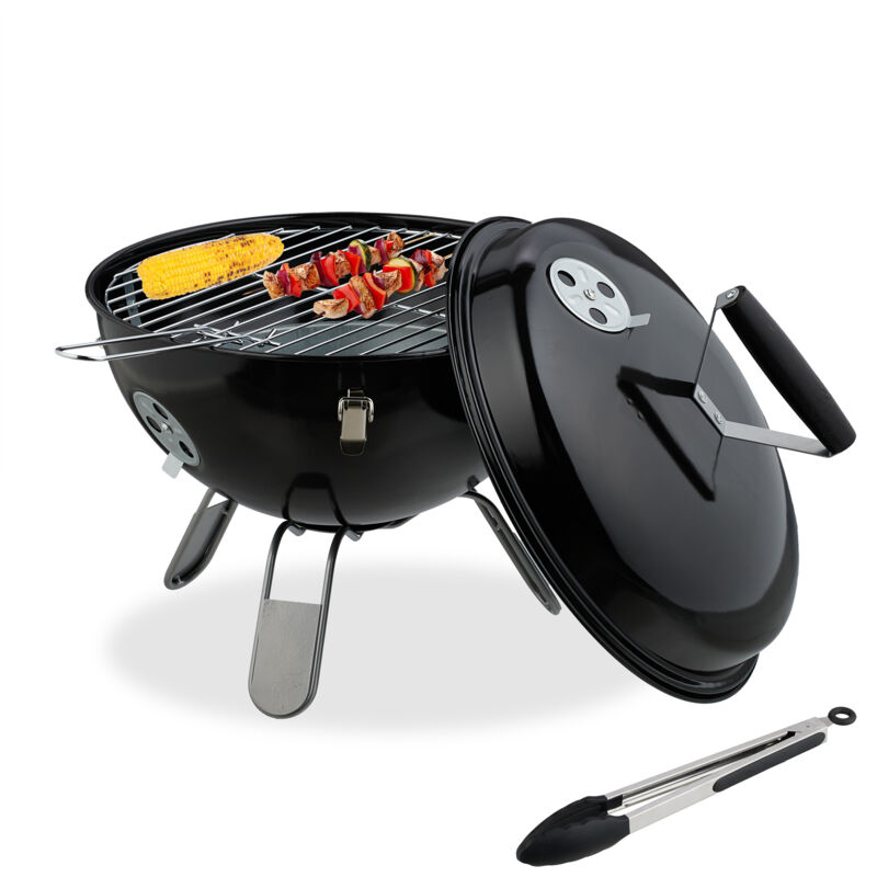 Relaxdays - Kugelgrill, tragbar, ø 37 cm, Picknickgrill für Garten & Park, Holzkohlegrill mit Deckel, Rundgrill, schwarz