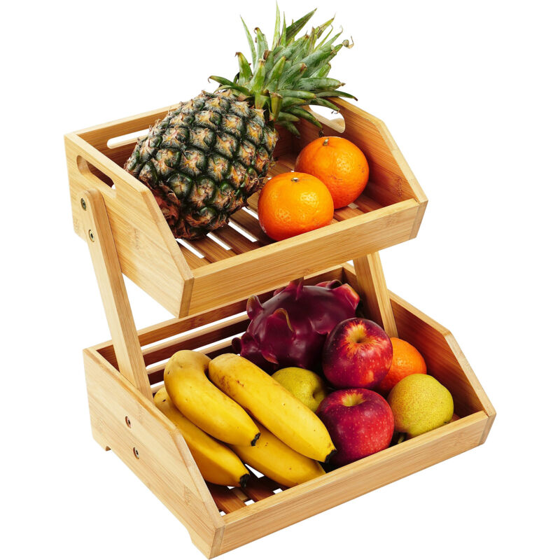 Relaxdays Obst Etagere Bambus, HxBxT: 29 x 30 x 25 cm, Korbetagere für Obst, Gemüse & Gebäck, Obstschale Küche, natur